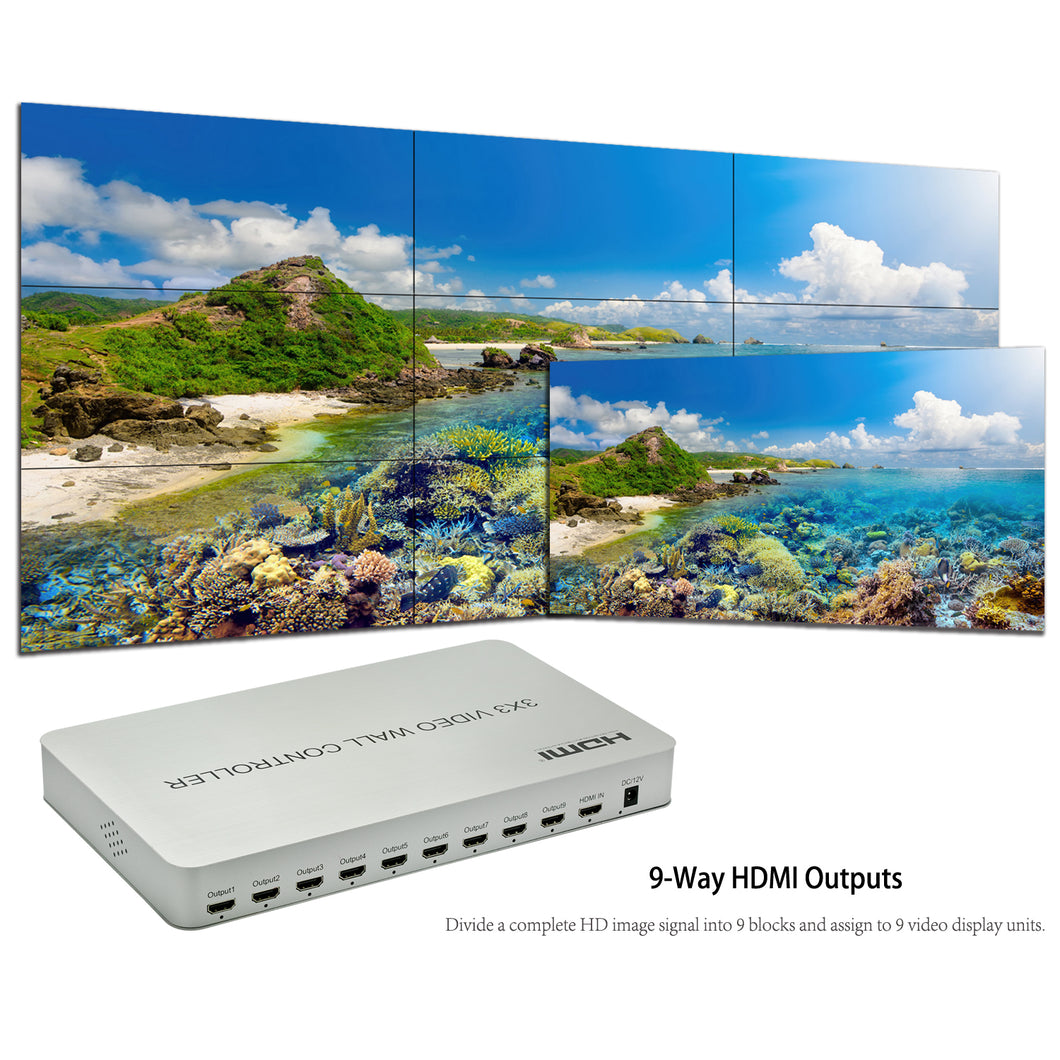HDMI 3x3 Video Wall Processor HD TV 1080P Matrix Controller 24/30/50/60HZ 9 video display units